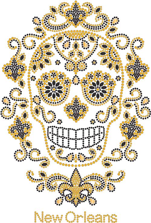  Black And Gold Sugar Skull With Surrounding Fleur De Lis Rhinestone Tshirt Emblem Png Fleur De Lis Png