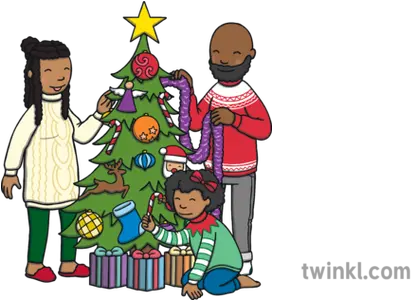  Family Decorating A Christmas Tree Illustration Twinkl Christmas Day Png Cartoon Christmas Tree Png