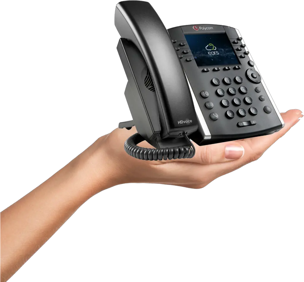  Juvo Earslandingpageholdingphone Juvo Polycom Vvx 410 Png Holding Phone Png