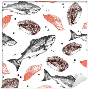  Wall Mural Vector Seamless Pattern Of Seafood Salmon Fish Png Icon