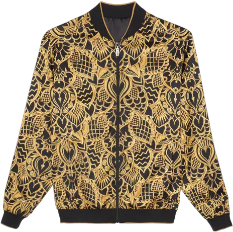  Black And Gold Zipped Bomber With Royal Pattern Cardigan Png Gold Pattern Png