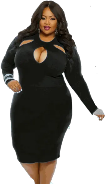  Woman In Black Dress Plus Size Long Sleeve Bodycon Dress Png Woman In Dress Png