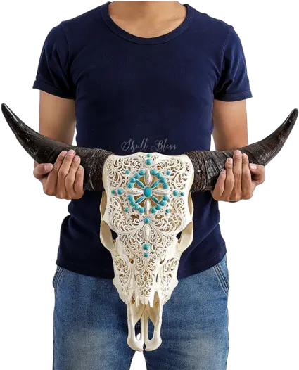  Download Carved Cow Skull Xl Horns Xl Horns Full Size Crew Neck Png Cow Skull Png