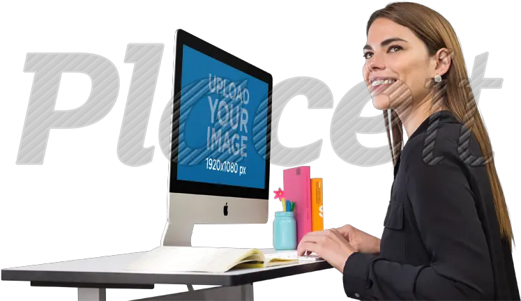  Placeit Smiling Business Woman Working On Her Imac Mockup Chhattisgarh Renewable Energy Development Agency Png Imac Mockup Png