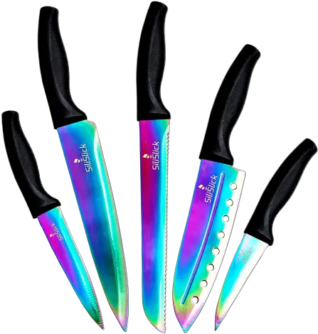  Silislick Kitchen Knife Set 5 Elegant Chef Knives Rainbow Blades Black Handle Rainbow Knife Set Png Chef Knife Png