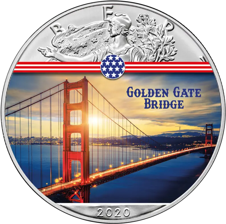  1 Oz Silver American Eagle Usa 2020 Colorized Golden Gate Bridge Landmarks Golden Gate National Recreation Area Png Golden Gate Bridge Png