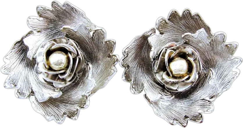  Silver Tone Dimensional Vintage Flower Earrings Solid Png Vintage Rose Png