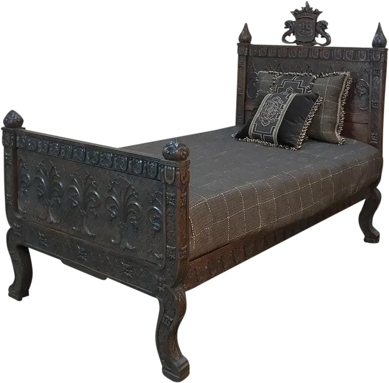  19th Century Italian Gothic Florentine Hand Carved Walnut Bed Png Bed Transparent