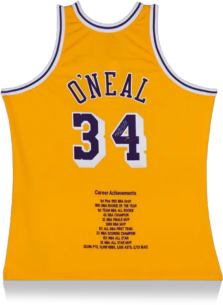  Shaquille Ou0027neal Signed Los Angeles Lakers 1996 97 Home Jersey Career Achievements Special Edition Vest Png Shaq Png