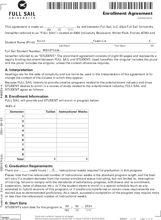  Enrollment Agreement Full Sail Full Sail University Application Pdf Png Full Sail University Logo