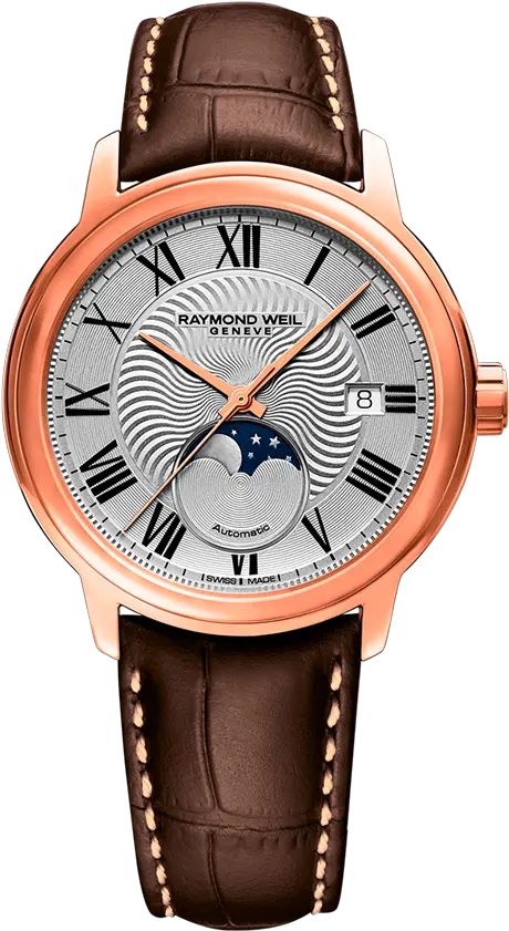  Moon Phase Brown Leather Mens Watch Raymond Weil Gold Moon Phase Png Moon Phase Png