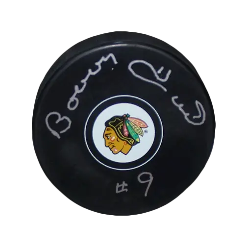  Bobby Hull Autographed Chicago Blackhawks Hockey Puck Label Png Blackhawks Logo Png