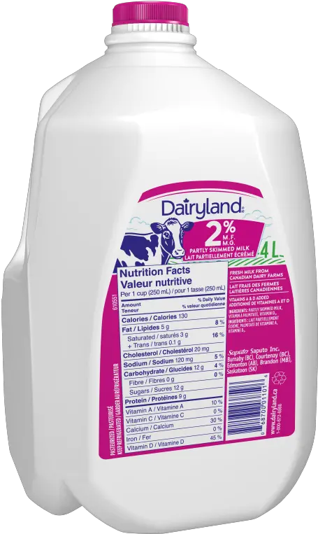  Dairyland 2 Partly Skimmed Milk 4 Litre Jug Milk 4l Png Milk Jug Png