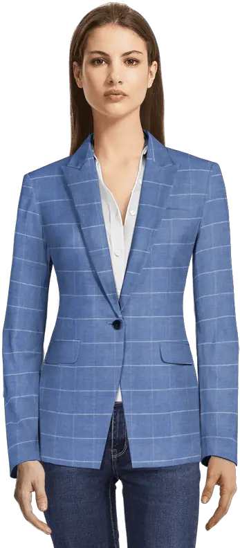  Blue Window Pane Linencotton Onebutton Blazer With Peak Lapels Blazer Tweed Png Window Pane Png