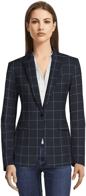  Blue Window Pane Linencotton Onebutton Blazer With Peak Lapels Blazer Rojo Png Window Pane Png