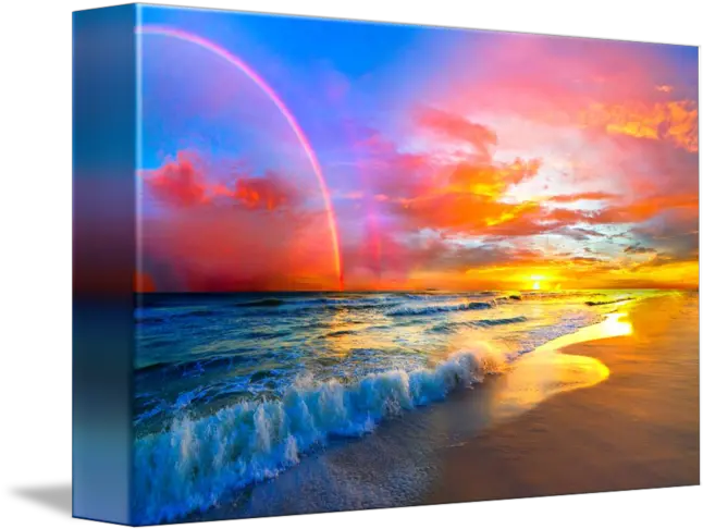  Download Pink Sunset Beach With Rainbow And Ocean Waves By Beautiful Beach Sunset Ocean Png Beach Waves Png