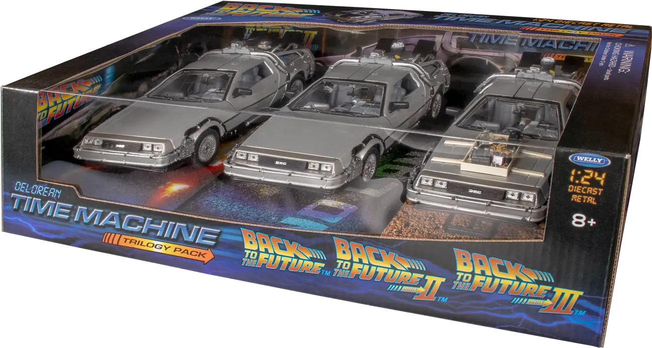  Back To The Future Delorean 124 Die Cast Trilogy Set Of Back To The Future Delorean Pop Vinyl Png Delorean Png