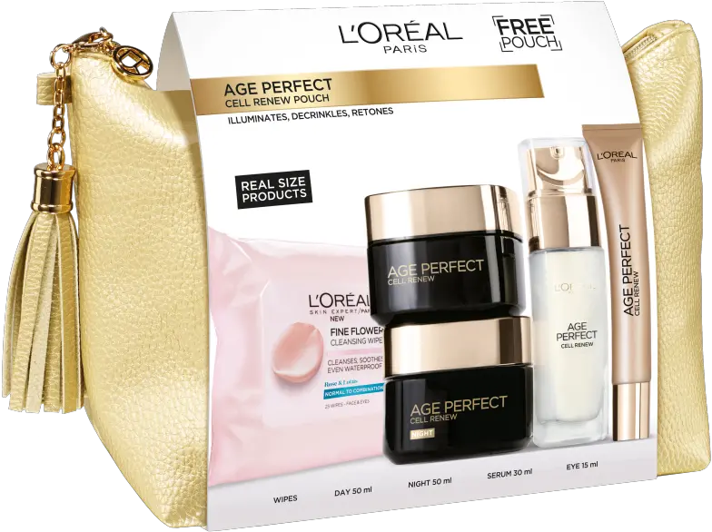  Lu0027oréal Paris Age Perfect Cell Renew Bag Day Cream 50ml Night Serum 30ml Eye 15ml Wet Wipes 50503015 Ml L Oreal Age Perfect Cell Renew Set Png Perfect Cell Png