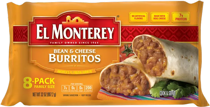  Bean U0026 Cheddar Cheese Frozen Burritos 8 El Monterey El Monterey Bean And Cheese Burritos Png Bean Transparent