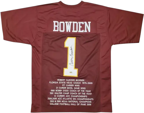  Bobby Bowden Autographed Florida State Fsu Garnet 1 Custom Stat Jersey Short Sleeve Png Bobby Hill Png