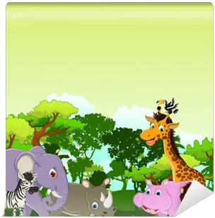  Animal Cartoon With Tropical Forest Background Wall Mural U2022 Pixers We Live To Change Animated Animals In Forest Png Forest Background Png