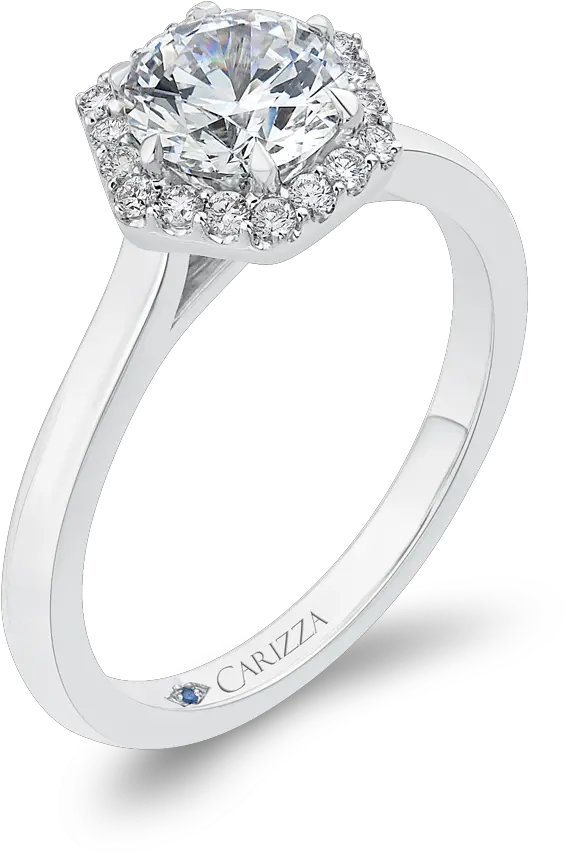  14k White Gold Round Diamond Hexagon Shape Halo Engagement Ring Semi Mount Ring Png Hexagon Shape Png