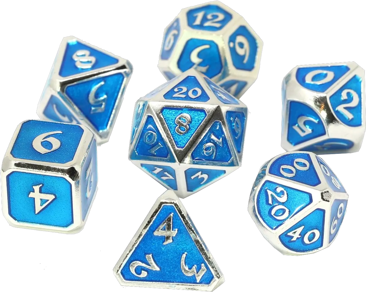  7 Sparkling Glitter Blue With Silver Numbers Poly Dice Set Dice Png Dnd Dice Png