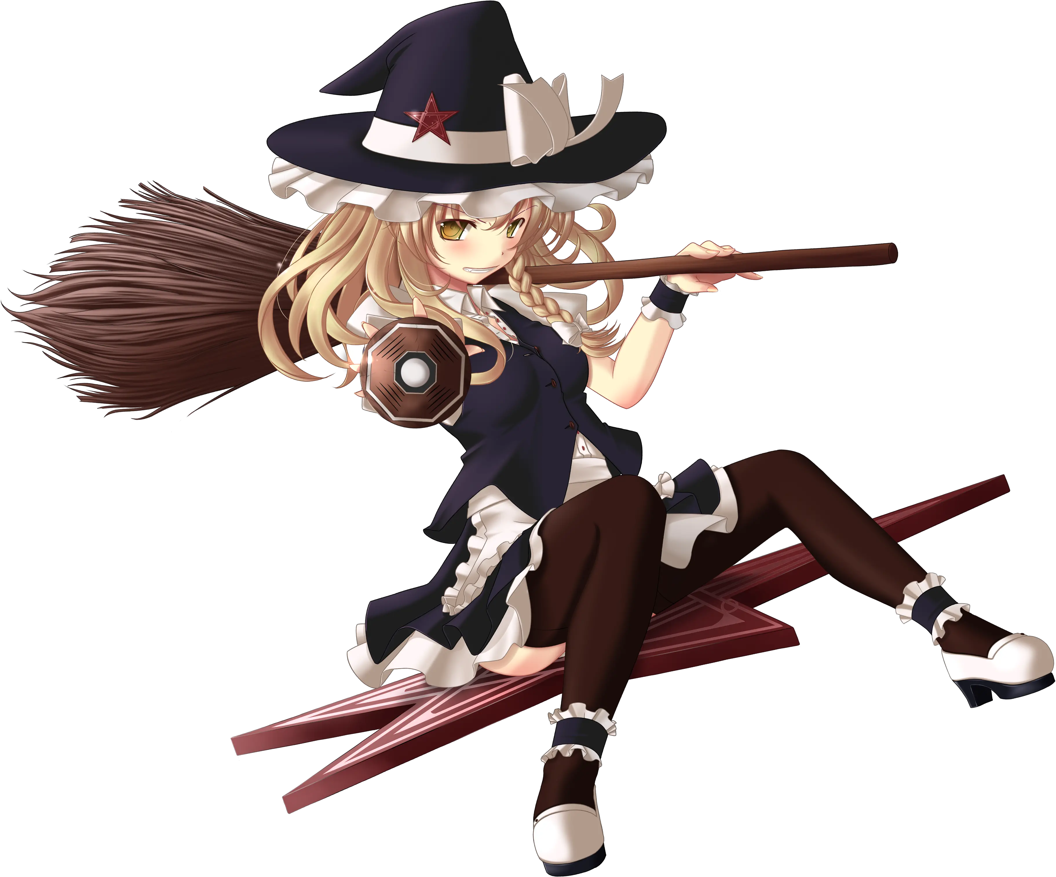  Blush Highres Touhou Short Hair Thighhighs Blonde Smile Png Broom Transparent Background